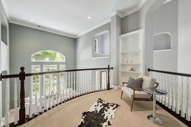 12004 Mira Mesa Dr, Austin, TX 78732 - hall with crown molding, carpet, and recessed lighting