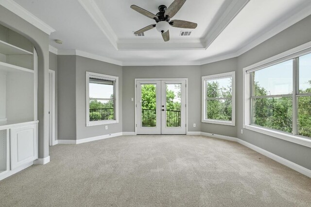 12004 Mira Mesa Dr, Austin, TX 78732 - spare room with a tray ceiling, healthy amount of natural light, light colored carpet, and crown molding