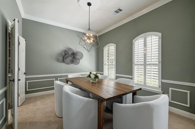 12004 Mira Mesa Dr, Austin, TX 78732 - dining room with light carpet, crown molding, healthy amount of natural light, and a chandelier