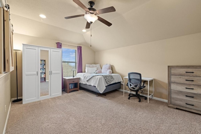2217 Hilltop Climb Dr, Leander, TX 78641 - carpeted bedroom featuring lofted ceiling, baseboards, recessed lighting, and ceiling fan