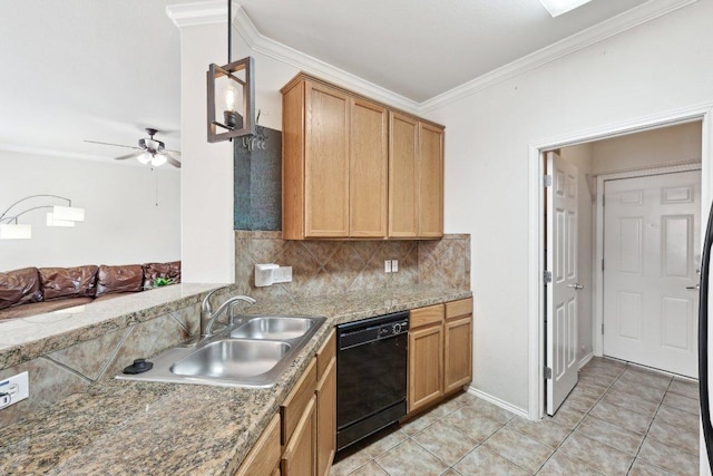 2632 Century Park Blvd Unit 38, Austin, TX 78727 - kitchen with black dishwasher, a sink, tasteful backsplash, light tile patterned floors, and crown molding
