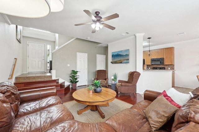 2632 Century Park Blvd Unit 38, Austin, TX 78727 - living room featuring a ceiling fan, crown molding, light wood finished floors, and baseboards