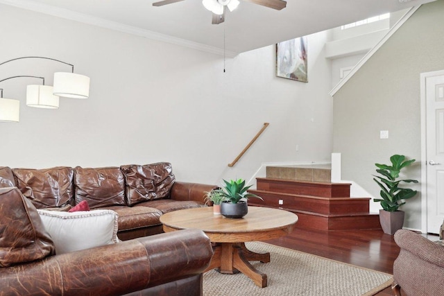 2632 Century Park Blvd Unit 38, Austin, TX 78727 - living area with stairway, wood finished floors, ceiling fan, and crown molding