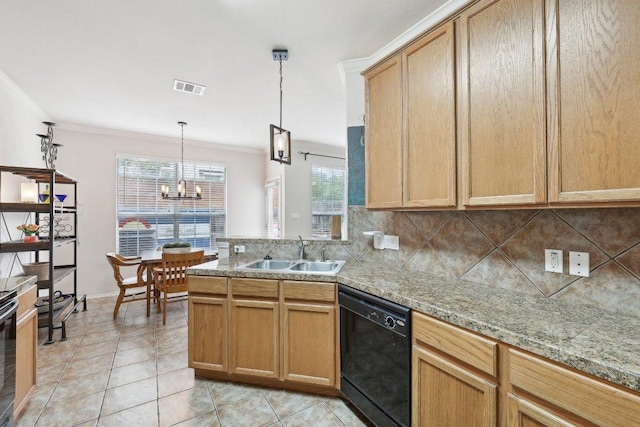 2632 Century Park Blvd Unit 38, Austin, TX 78727 - kitchen with dishwasher, a sink, crown molding, tasteful backsplash, and a chandelier