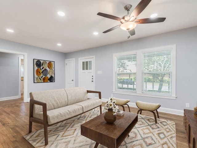 1316 Arcadia Ave, Austin, TX 78757 - living area featuring baseboards, wood finished floors, recessed lighting, and ceiling fan