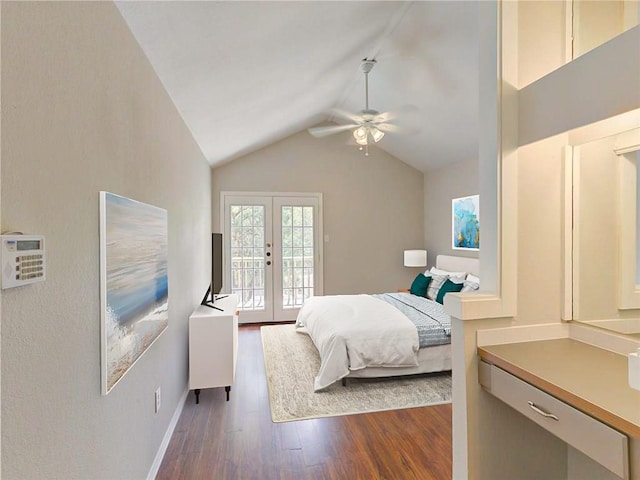 1710 Cinnamon Path, Austin, TX 78704 - bedroom featuring french doors, access to exterior, dark wood-type flooring, vaulted ceiling, and a ceiling fan