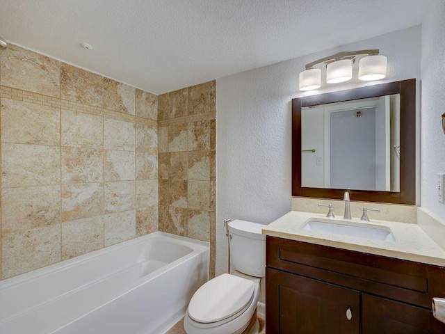 1710 Cinnamon Path, Austin, TX 78704 - full bath featuring a textured wall, toilet, vanity, washtub / shower combination, and a textured ceiling