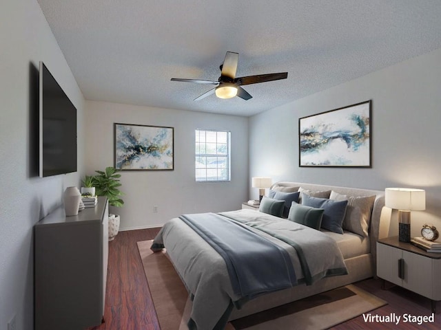1710 Cinnamon Path, Austin, TX 78704 - bedroom with a textured ceiling, dark wood-style floors, and ceiling fan