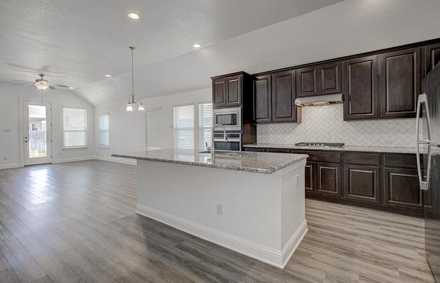 20908 Akbash Ln, Pflugerville, TX 78660 - kitchen with appliances with stainless steel finishes, a ceiling fan, under cabinet range hood, vaulted ceiling, and tasteful backsplash
