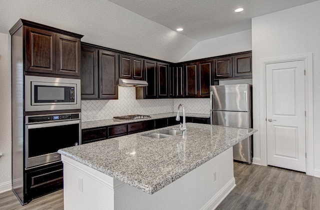 20908 Akbash Ln, Pflugerville, TX 78660 - kitchen featuring stainless steel appliances, light wood-style floors, decorative backsplash, light stone countertops, and vaulted ceiling