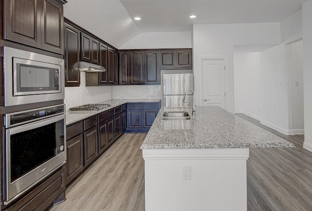 20908 Akbash Ln, Pflugerville, TX 78660 - kitchen featuring appliances with stainless steel finishes, light wood-type flooring, an island with sink, decorative backsplash, and dark brown cabinetry