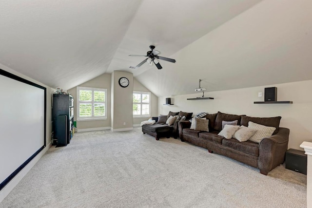 2407 Powderham Ln S, Cedar Park, TX 78613 - carpeted home theater featuring lofted ceiling, baseboards, and a ceiling fan
