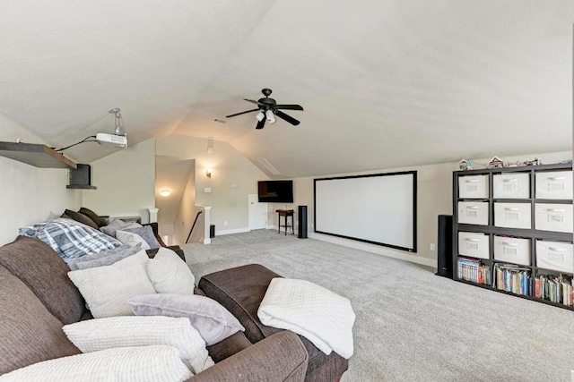 2407 Powderham Ln S, Cedar Park, TX 78613 - carpeted cinema room featuring a ceiling fan, vaulted ceiling, and baseboards