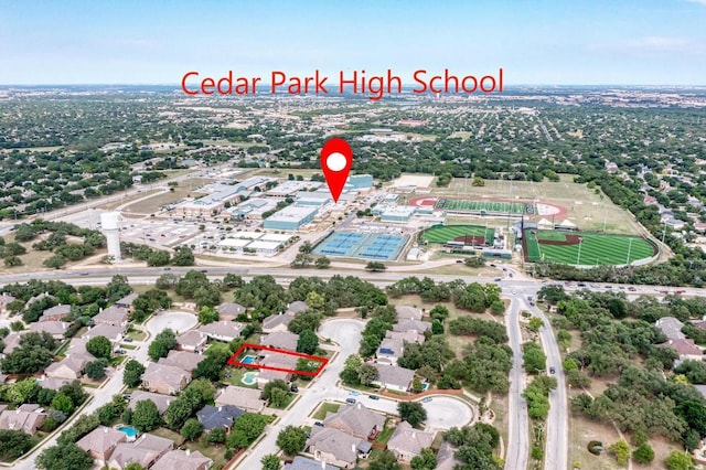 2407 Powderham Ln S, Cedar Park, TX 78613 - aerial overview of property's location with property boundaries highlighted