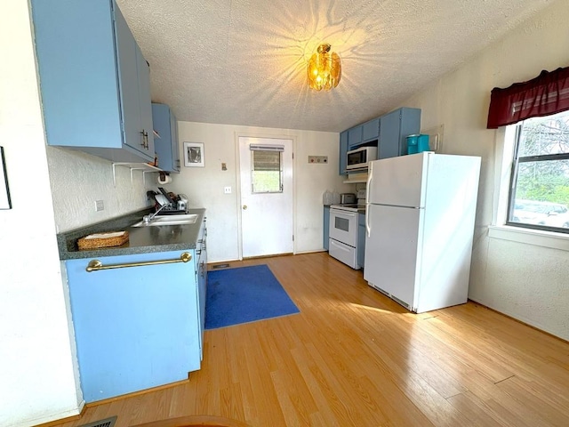 315 Skyline Dr, Sunrise Beach, TX 78643 - kitchen with white appliances, blue cabinets, a textured ceiling, light wood-style floors, and dark countertops