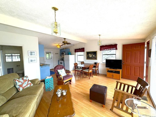 315 Skyline Dr, Sunrise Beach, TX 78643 - living area featuring light wood-type flooring, plenty of natural light, a ceiling fan, and a textured ceiling