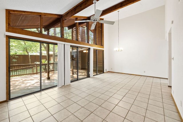 2309 Westoak Dr, Austin, TX 78704 - tiled spare room with high vaulted ceiling, a ceiling fan, a chandelier, baseboards, and beamed ceiling