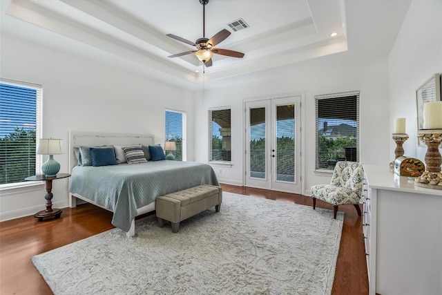 9501 Derecho Bnd, Austin, TX 78737 - bedroom featuring multiple windows, french doors, wood finished floors, a raised ceiling, and recessed lighting