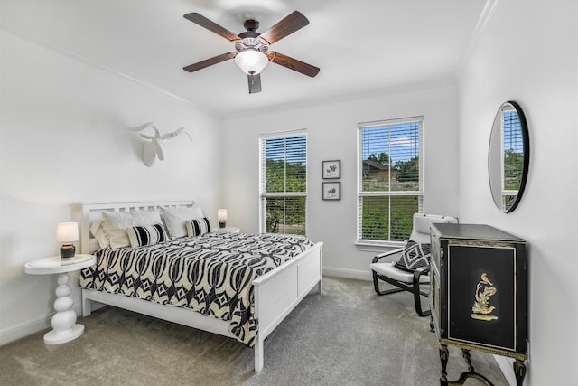 9501 Derecho Bnd, Austin, TX 78737 - carpeted bedroom with baseboards, ornamental molding, and ceiling fan