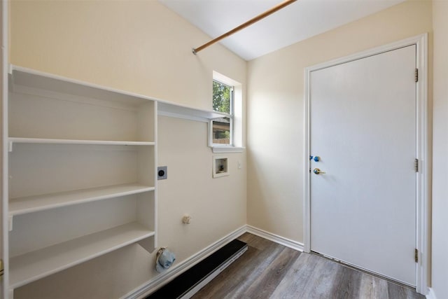 11607 Robert Wooding Dr, Austin, TX 78748 - washroom featuring electric dryer hookup, hookup for a washing machine, dark wood finished floors, and baseboards