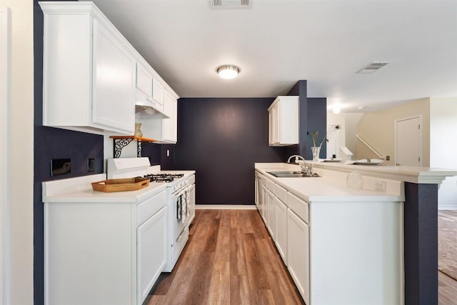 11607 Robert Wooding Dr, Austin, TX 78748 - kitchen featuring white gas range oven, a sink, a peninsula, wood finished floors, and white cabinets