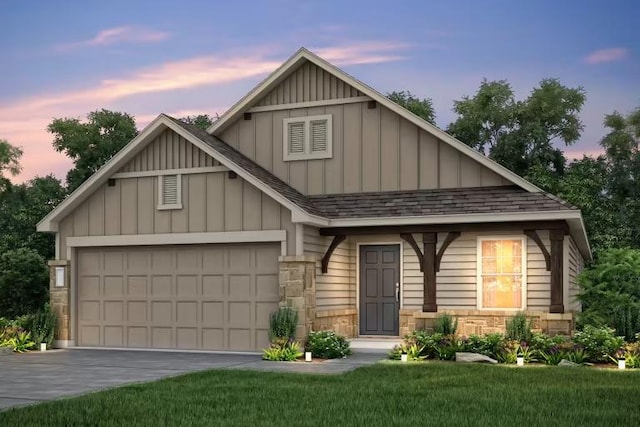 814 Cherrystone Loop, Buda, TX 78610 - craftsman-style home featuring board and batten siding, stone siding, a garage, a shingled roof, and driveway