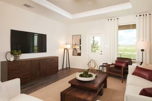 814 Cherrystone Loop, Buda, TX 78610 - living area featuring a tray ceiling, wood finished floors, and crown molding