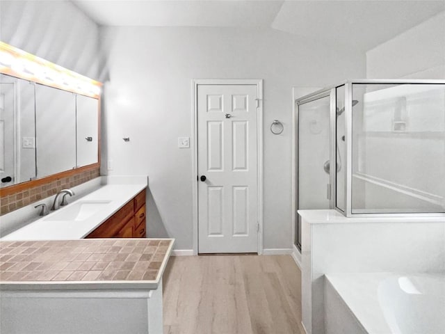 126 Waterlily Way, Hutto, TX 78634 - bathroom featuring wood finished floors, a shower stall, vanity, a bath, and backsplash