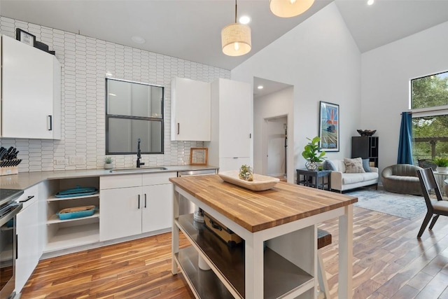 2001 Whitebead Trl, Austin, TX 78734 - kitchen featuring a sink, open shelves, light wood-style floors, white cabinetry, and high vaulted ceiling