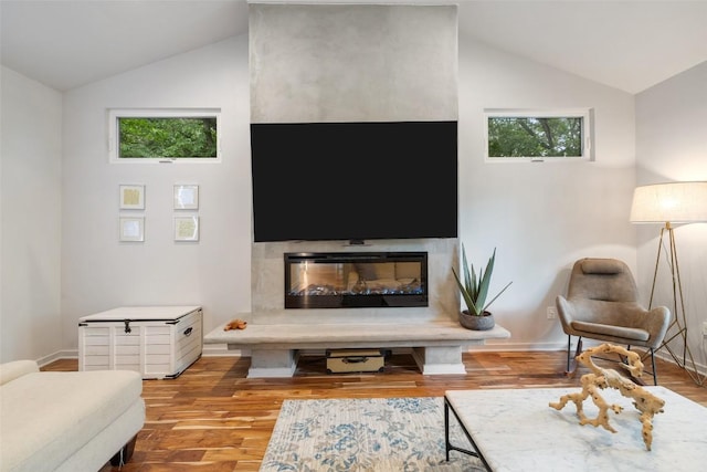 2001 Whitebead Trl, Austin, TX 78734 - living room with lofted ceiling, wood finished floors, healthy amount of natural light, baseboards, and a large fireplace