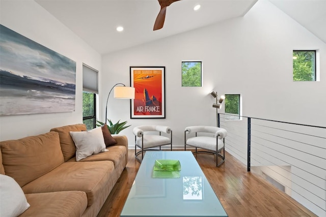 2001 Whitebead Trl, Austin, TX 78734 - living area with vaulted ceiling, wood finished floors, recessed lighting, a ceiling fan, and baseboards