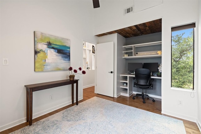 2001 Whitebead Trl, Austin, TX 78734 - office area with wood finished floors, a ceiling fan, baseboards, and wood ceiling