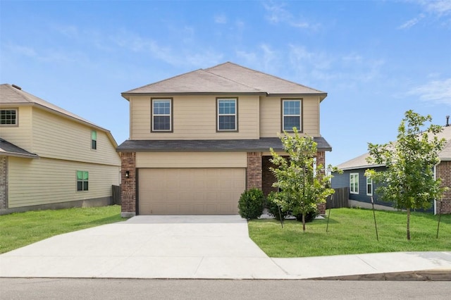 223 Hunters Brk, San Antonio, TX 78253 - view of front of house with a garage, a front yard, concrete driveway, brick siding, and a shingled roof