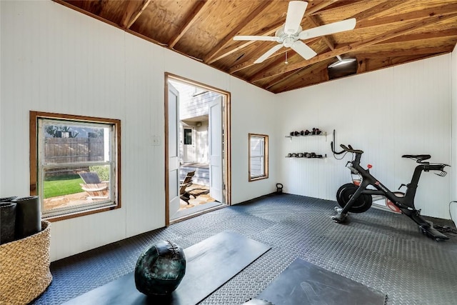 3202 Beverly Rd, Austin, TX 78703 - workout room featuring vaulted ceiling, ceiling fan, wooden ceiling, and carpet floors