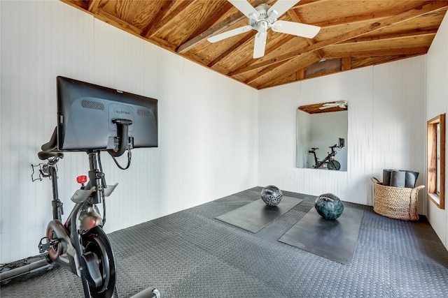 3202 Beverly Rd, Austin, TX 78703 - exercise area with lofted ceiling, carpet, ceiling fan, wood ceiling, and wood walls