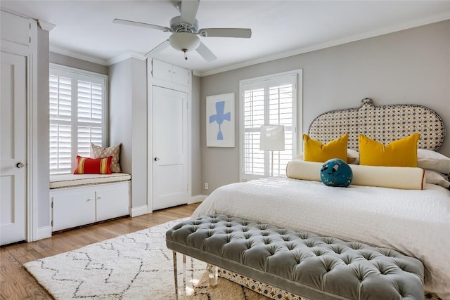 3202 Beverly Rd, Austin, TX 78703 - bedroom with ornamental molding, light wood-style flooring, and ceiling fan