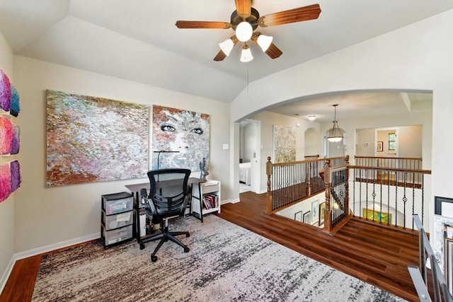 601 Harris Dr, Austin, TX 78737 - office space featuring wood finished floors, a ceiling fan, baseboards, and arched walkways
