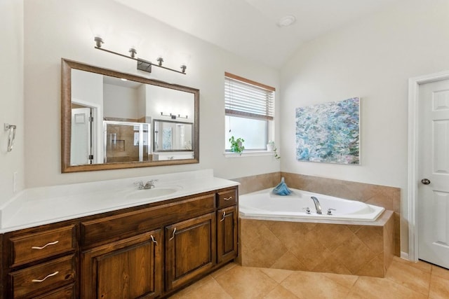 601 Harris Dr, Austin, TX 78737 - bathroom with vanity, a bath, tile patterned floors, and a shower stall