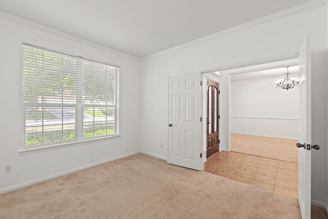 16304 Fincastle Dr, Austin, TX 78717 - spare room with carpet flooring, ornamental molding, a chandelier, baseboards, and tile patterned flooring