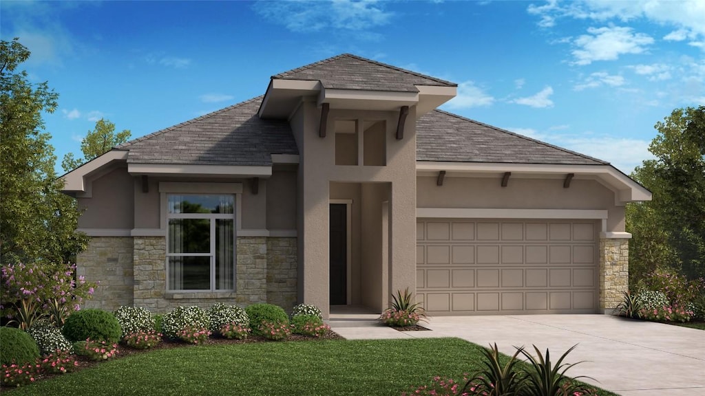 4335 Bancroft Ln, Round Rock, TX 78665 - view of front of home with stucco siding, stone siding, concrete driveway, an attached garage, and roof with shingles