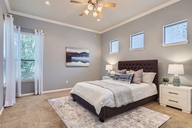 2503 Kinclaven Ct, Cedar Park, TX 78613 - bedroom with light carpet, crown molding, baseboards, recessed lighting, and ceiling fan