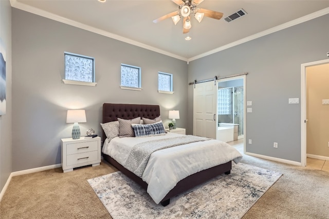 2503 Kinclaven Ct, Cedar Park, TX 78613 - bedroom with light colored carpet, crown molding, baseboards, a barn door, and ensuite bath