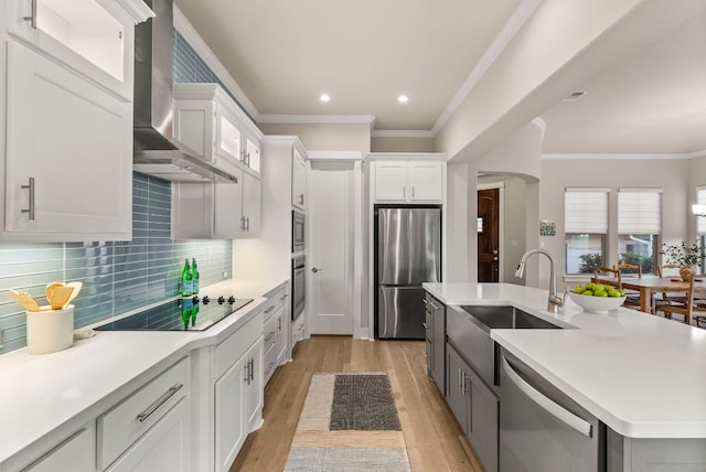 5502 Patagonia Pass, Austin, TX 78738 - kitchen with stainless steel appliances, a sink, light wood finished floors, light countertops, and crown molding