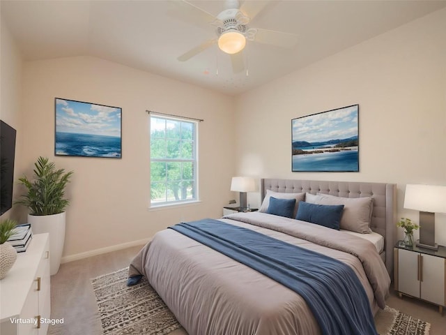1010 Barclay Dr, Leander, TX 78641 - bedroom with light colored carpet, baseboards, lofted ceiling, and a ceiling fan