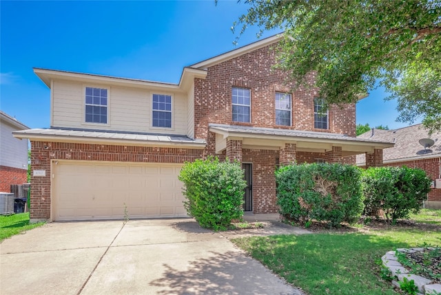 1010 Barclay Dr, Leander, TX 78641 - traditional-style home featuring brick siding, driveway, a garage, and cooling unit