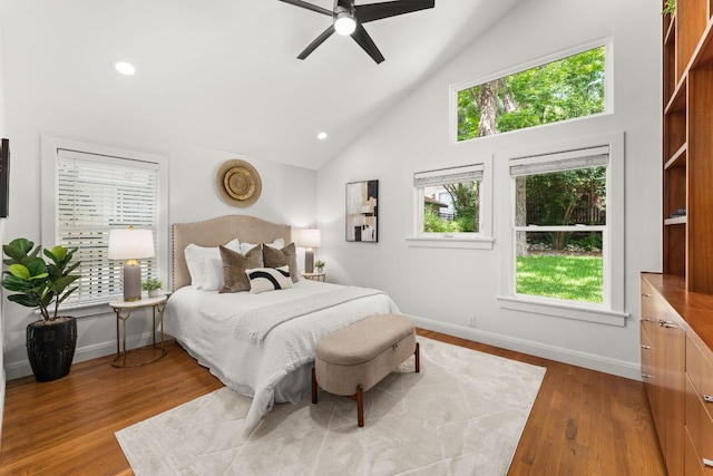 2004 Bremen St, Austin, TX 78703 - bedroom with wood finished floors, baseboards, high vaulted ceiling, recessed lighting, and ceiling fan