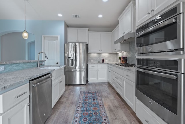2809 Coral Valley Dr, Leander, TX 78641 - kitchen featuring stainless steel appliances, decorative backsplash, white cabinets, light stone countertops, and wood finished floors