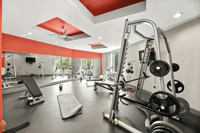 54 Rainey St Unit 814, Austin, TX 78701 - exercise room featuring ceiling fan, recessed lighting, and a raised ceiling
