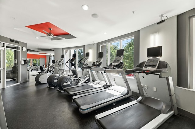 54 Rainey St Unit 814, Austin, TX 78701 - exercise room featuring recessed lighting, a ceiling fan, and baseboards