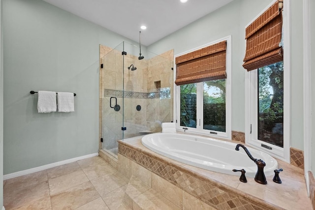 3101 Fleece Flower Cv, Austin, TX 78735 - full bath with a bath, a shower stall, recessed lighting, tile patterned floors, and baseboards